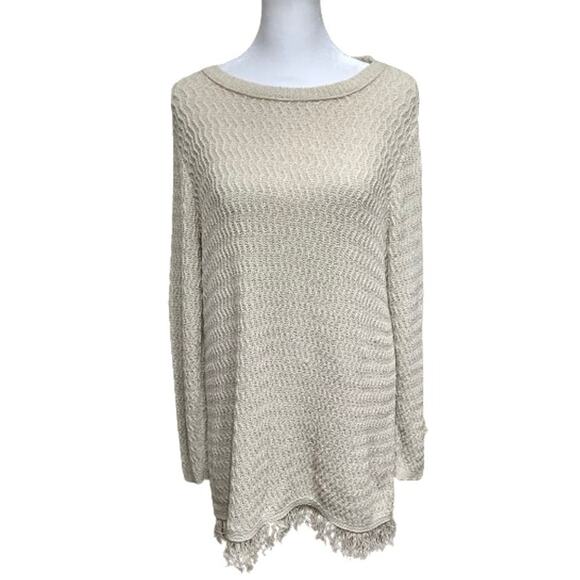 J. Jill Sweaters - J.Jill Beige Knit Sweater Sz M Long Sleeve Fringe Hem Cozy, Cottagecore Boho